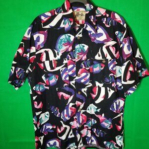 Vintage Fulton Street Hawaiian Camp Shirt LT Black Colorful Fish Button Up 80's